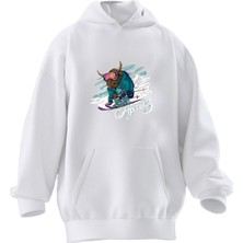 Nmg Tekstil Unisex Premium Pamuk Beyaz  Kayak Yapan Bufalo Baskılı 3 Iplik Kapüşonlu Sweatshirt