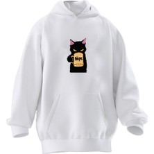 Nmg Tekstil Unisex Premium Pamuk Beyaz  Nope Kedi Baskılı 3 Iplik Kapüşonlu Sweatshirt