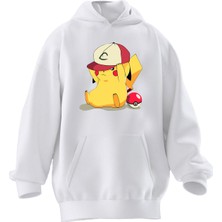 Nmg Tekstil Unisex Premium Pamuk Beyaz Şapkalı Pikachu Baskılı 3 Iplik Kapüşonlu Sweatshirt