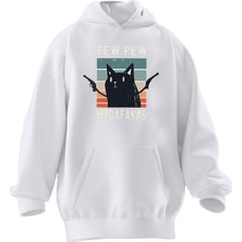 Nmg Tekstil Unisex Premium Pamuk Beyaz  Pew Pew Kedi Baskılı 3 Iplik Kapüşonlu Sweatshirt