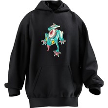 Nmg Tekstil Unisex Premium Pamuk Siyah Yeşil Kurbağa Baskılı 3 Iplik Kapüşonlu Sweatshirt