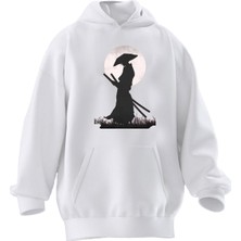 Nmg Tekstil Unisex Premium Pamuk Beyaz  Japon Samuray Anime Baskılı 3 Iplik Kapüşonlu Sweatshirt