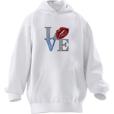 Nmg Tekstil Unisex Premium Pamuk Beyaz  Love Dudak Baskılı 3 Iplik Kapüşonlu Sweatshirt