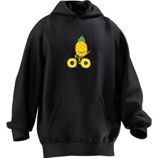 Nmg Tekstil Unisex Premium Pamuk Siyah  Ananas Bisiklet Baskılı 3 Iplik Kapüşonlu Sweatshirt