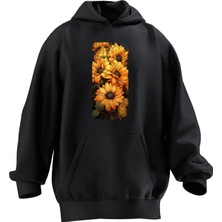 Nmg Tekstil Unisex Premium Pamuk Siyah  Ayçiçeği Güzellik Baskılı 3 Iplik Kapüşonlu Sweatshirt
