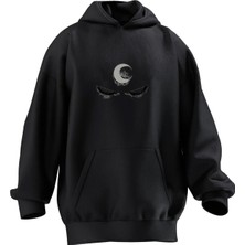Nmg Tekstil Unisex Premium Pamuk Siyah  Hilal Göz Kirpik Baskılı 3 Iplik Kapüşonlu Sweatshirt