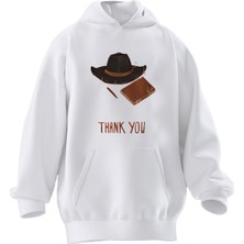 Nmg Tekstil Unisex Premium Pamuk Beyaz Thank You Şapka Baskılı 3 Iplik Kapüşonlu Sweatshirt