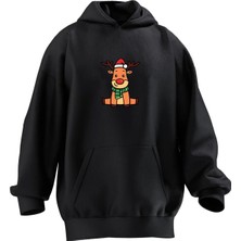 Nmg Tekstil Unisex Premium Pamuk Siyah  Oyuncak Geyik Baskılı 3 Iplik Kapüşonlu Sweatshirt