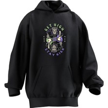 Nmg Tekstil Unisex Premium Pamuk Siyah  Get High Baskılı 3 Iplik Kapüşonlu Sweatshirt