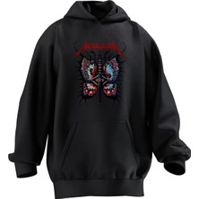 Nmg Tekstil Unisex Premium Pamuk Siyah  Kelebek Metallica Baskılı 3 Iplik Kapüşonlu Sweatshirt
