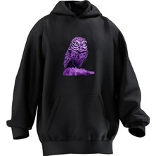 Nmg Tekstil Unisex Premium Pamuk Siyah  Mor Baykuş Baskılı 3 Iplik Kapüşonlu Sweatshirt