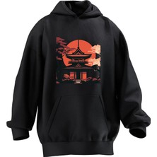 Nmg Tekstil Unisex Premium Pamuk Siyah  Japonya Tokyo Ev Baskılı 3 Iplik Kapüşonlu Sweatshirt