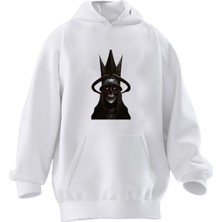 Nmg Tekstil Unisex Premium Pamuk Beyaz Taçlı Şeytan Baskılı 3 Iplik Kapüşonlu Sweatshirt
