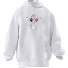 Nmg Tekstil Unisex Premium Pamuk Beyaz Ufo Kulaklıklı Baskılı 3 Iplik Kapüşonlu Sweatshirt