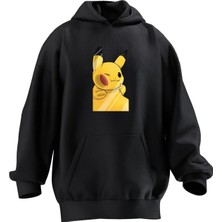 Nmg Tekstil Unisex Premium Pamuk Siyah  Cama Yapışık Pikachu Baskılı 3 Iplik Kapüşonlu Sweatshirt