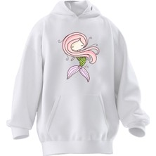 Nmg Tekstil Unisex Premium Pamuk Beyaz  Pembe Saçlı Deniz Kızı Baskılı 3 Iplik Kapüşonlu Sweatshirt