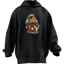 Nmg Tekstil Unisex Premium Pamuk Siyah  Ağaç Adam Kızgın Baskılı 3 Iplik Kapüşonlu Sweatshirt