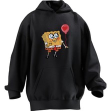 Nmg Tekstil Unisex Premium Pamuk Siyah  Balonlu Sünger Bob Baskılı 3 Iplik Kapüşonlu Sweatshirt