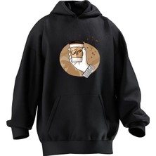 Nmg Tekstil Unisex Premium Pamuk Siyah  Coffee El Baskılı 3 Iplik Kapüşonlu Sweatshirt