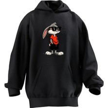 Nmg Tekstil Unisex Premium Pamuk Siyah  Gözlüklü Bugs Bunny Baskılı 3 Iplik Kapüşonlu Sweatshirt
