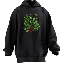 Nmg Tekstil Unisex Premium Pamuk Siyah  Area Yeşil Baskılı 3 Iplik Kapüşonlu Sweatshirt