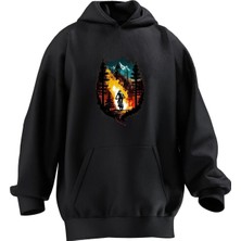 Nmg Tekstil Unisex Premium Pamuk Siyah  Dağ Yolu Bisiklet Baskılı 3 Iplik Kapüşonlu Sweatshirt