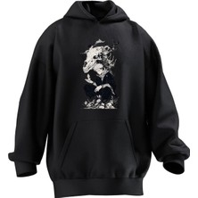 Nmg Tekstil Unisex Premium Pamuk Siyah  Boynuzlu Anime Poster Baskılı 3 Iplik Kapüşonlu Sweatshirt