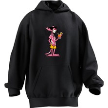 Nmg Tekstil Unisex Premium Pamuk Siyah  Portakal Pembe Panter Baskılı 3 Iplik Kapüşonlu Sweatshirt