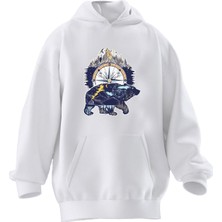 Nmg Tekstil Unisex Premium Pamuk Beyaz  Bear And Mountain Baskılı 3 Iplik Kapüşonlu Sweatshirt