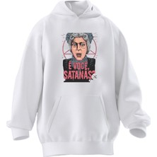 Nmg Tekstil Unisex Premium Pamuk Beyaz  Evoce Satana Baskılı 3 Iplik Kapüşonlu Sweatshirt