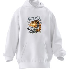 Nmg Tekstil Unisex Premium Pamuk Beyaz  Japon Kedi Sırıtkan Baskılı 3 Iplik Kapüşonlu Sweatshirt