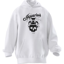 Nmg Tekstil Unisex Premium Pamuk Beyaz  Aquarius Vazo Baskılı 3 Iplik Kapüşonlu Sweatshirt