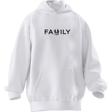 Nmg Tekstil Unisex Premium Pamuk Beyaz  Family Baskılı 3 Iplik Kapüşonlu Sweatshirt