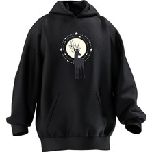 Nmg Tekstil Unisex Premium Pamuk Siyah Yıldızlı Geyik Baskılı 3 Iplik Kapüşonlu Sweatshirt