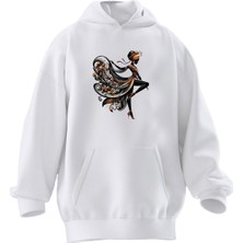 Nmg Tekstil Unisex Premium Pamuk Beyaz  Çiçekli Etek Baskılı 3 Iplik Kapüşonlu Sweatshirt