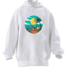Nmg Tekstil Unisex Premium Pamuk Beyaz  Deniz Plaj Motor Baskılı 3 Iplik Kapüşonlu Sweatshirt