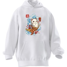 Nmg Tekstil Unisex Premium Pamuk Beyaz  Dondurma Kedi Baskılı 3 Iplik Kapüşonlu Sweatshirt