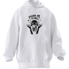 Nmg Tekstil Unisex Premium Pamuk Beyaz  Follow Me Şeytan Baskılı 3 Iplik Kapüşonlu Sweatshirt
