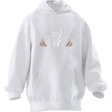 Nmg Tekstil Unisex Premium Pamuk Beyaz  Halter El Baskılı 3 Iplik Kapüşonlu Sweatshirt