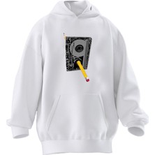 Nmg Tekstil Unisex Premium Pamuk Beyaz  Kaset Kalem Baskılı 3 Iplik Kapüşonlu Sweatshirt