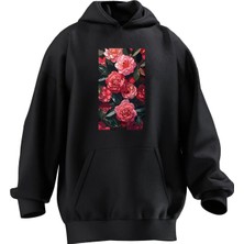 Nmg Tekstil Unisex Premium Pamuk Siyah  Pembe Kırmızı Çiçek Resim Baskılı 3 Iplik Kapüşonlu Sweatshirt