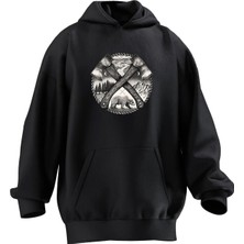 Nmg Tekstil Unisex Premium Pamuk Siyah  Balta Ayı Kamp Baskılı 3 Iplik Kapüşonlu Sweatshirt