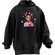 Nmg Tekstil Unisex Premium Pamuk Siyah  Kıvırcık Saçlı Kız Baskılı 3 Iplik Kapüşonlu Sweatshirt