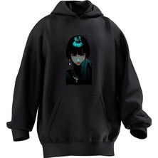 Nmg Tekstil Unisex Premium Pamuk Siyah  Kolyeli Kız Anime Baskılı 3 Iplik Kapüşonlu Sweatshirt