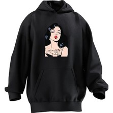 Nmg Tekstil Unisex Premium Pamuk Siyah  Kırmızı Rujlu Kadın Baskılı 3 Iplik Kapüşonlu Sweatshirt