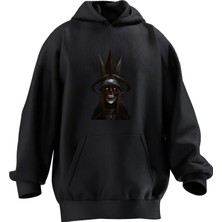 Nmg Tekstil Unisex Premium Pamuk Siyah Taçlı Şeytan Baskılı 3 Iplik Kapüşonlu Sweatshirt