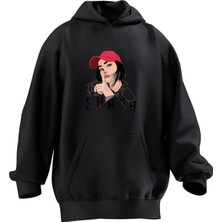 Nmg Tekstil Unisex Premium Pamuk Siyah  Kırmızı Şapkalı Kız Baskılı 3 Iplik Kapüşonlu Sweatshirt