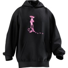 Nmg Tekstil Unisex Premium Pamuk Siyah  Patili Pembe Panter Baskılı 3 Iplik Kapüşonlu Sweatshirt