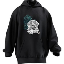 Nmg Tekstil Unisex Premium Pamuk Siyah  Queen Krallık Poster Baskılı 3 Iplik Kapüşonlu Sweatshirt