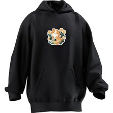 Nmg Tekstil Unisex Premium Pamuk Siyah  Papatya Kedicik Baskılı 3 Iplik Kapüşonlu Sweatshirt